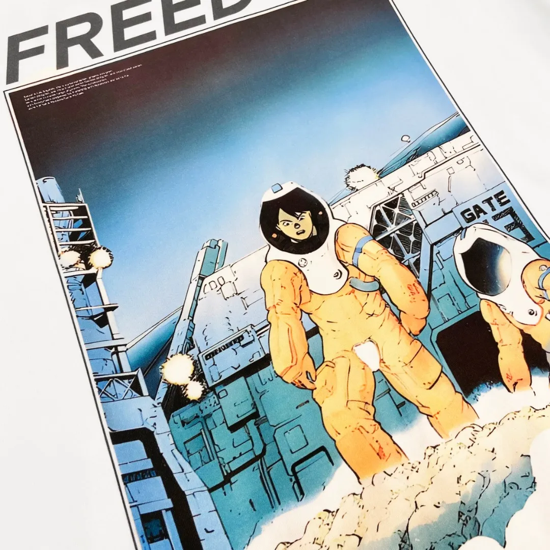 Saint Michael x FREEDOM tee space comic print distressed retro Vintage loose short-sleeved T-shirt with digital white ink direct injection, the fabric is breathable and the pattern is three-dimensional and clear. Fabric: Double yarn 240g Style number: S912 Size: S-M-L-XL Color: White Price: P110